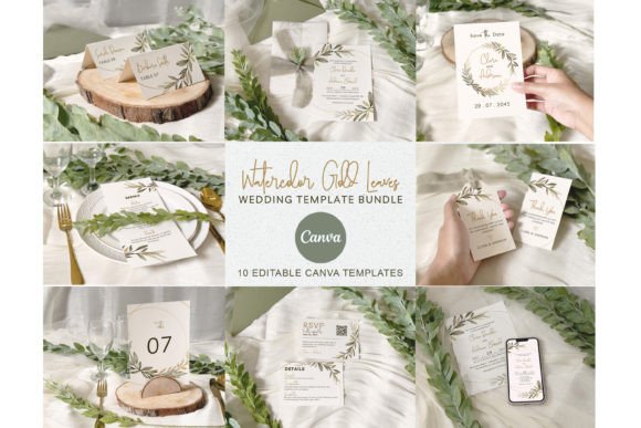 Watercolor Gold Leaf Wedding Invitation Suite
